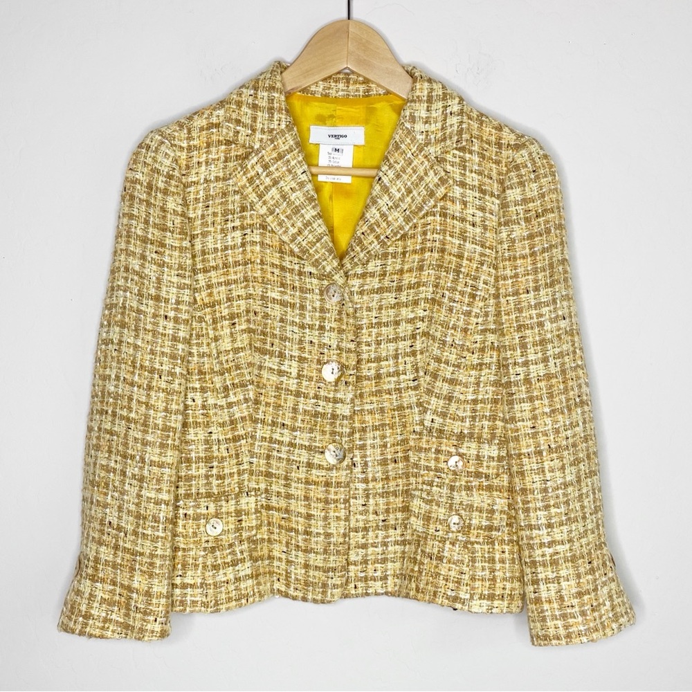 Vertigo Paris Tweed Jacket Blazer Tan Gold Size M